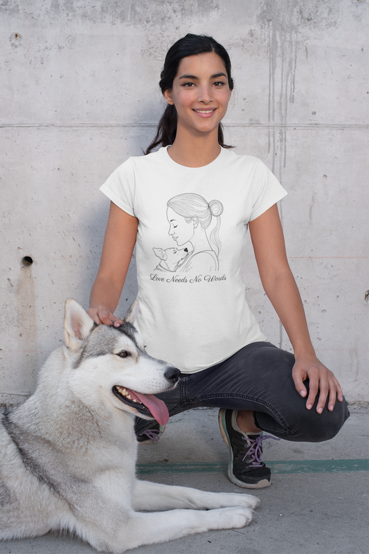 Love Needs No Words – Hund & Frau Line Art Unisex T-Shirt | Minimalistisches Hunde Design