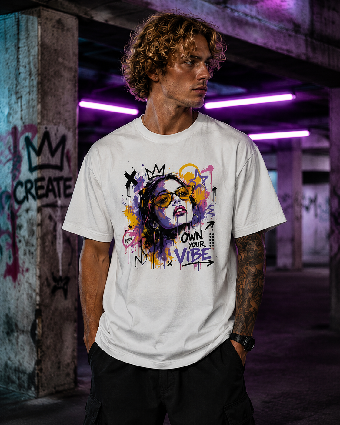 Oversized Graffiti Streetwear T-Shirt OWN YOUR VIBE Unisex Bio-Baumwolle