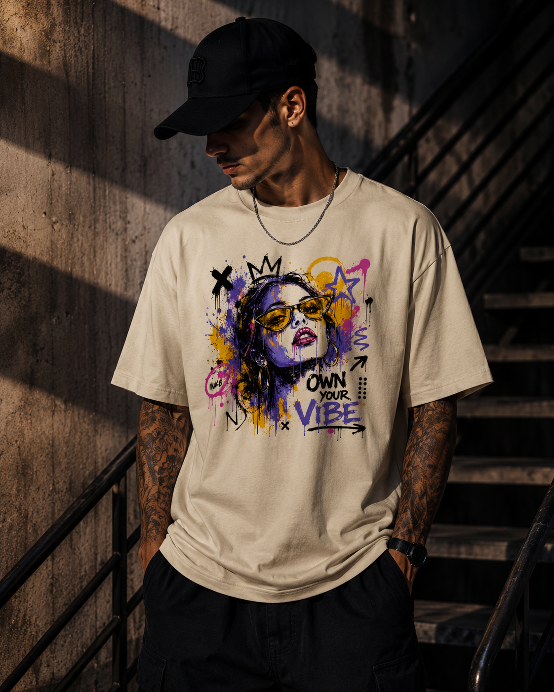 Oversized Graffiti Streetwear T-Shirt OWN YOUR VIBE Unisex Bio-Baumwolle