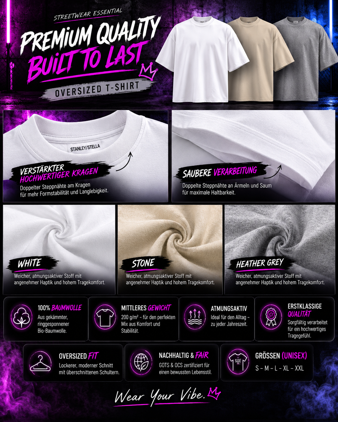 No Rules, Just Prints – Premium Oversized  Bio-T-Shirt mit breitem Kragen | INK8 Urban Streetwear