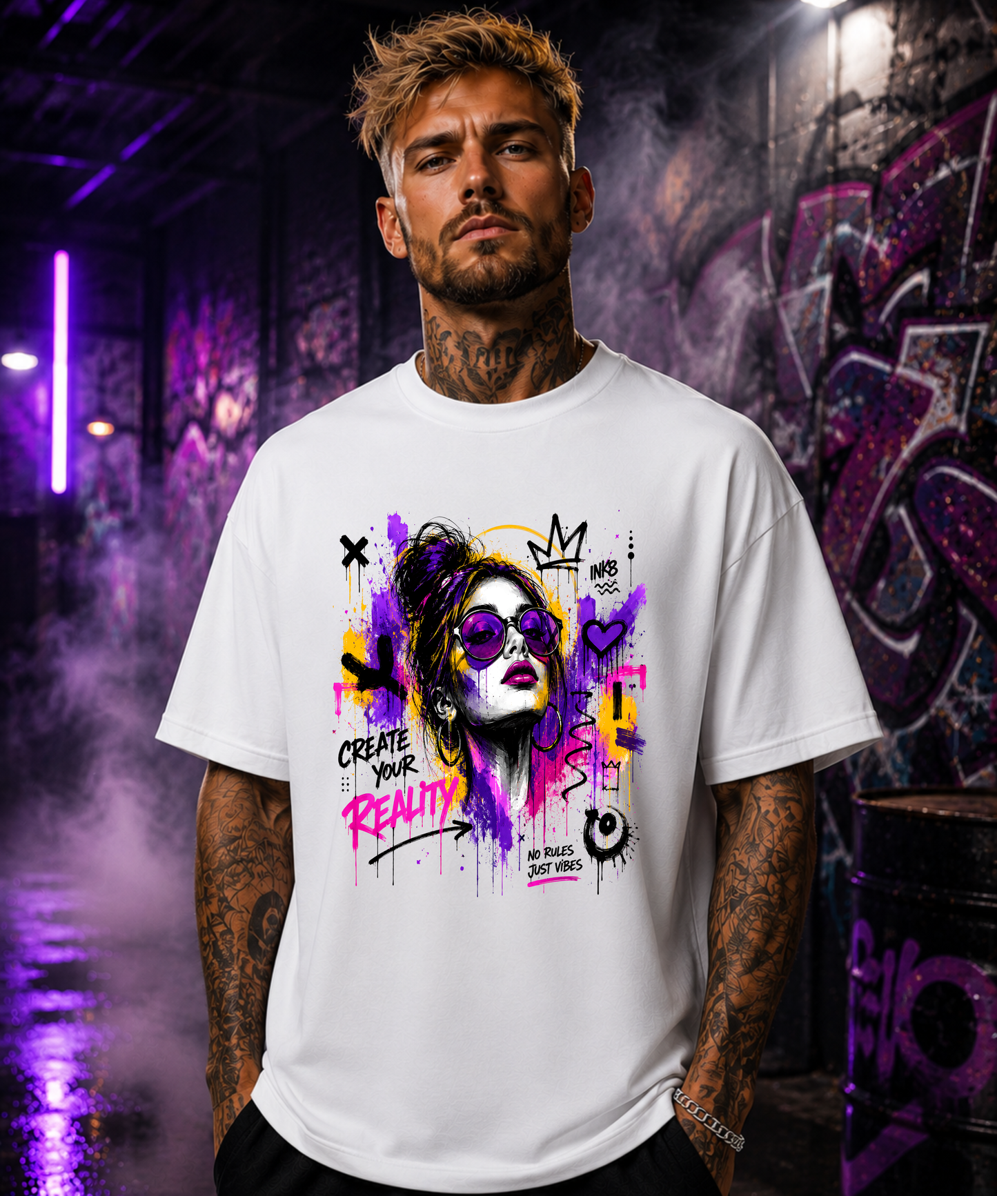 CREATE YOUR REALITY – Graffiti Premium Oversized Bio-T-Shirt mit breitem Kragen | INK8 Urban Streetwear