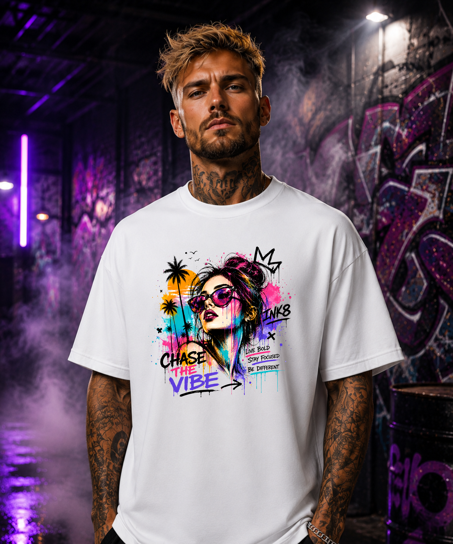 CHASE THE VIBE – Graffiti Premium Oversized  Unisex Bio-T-Shirt mit breitem Kragen | INK8 Urban Streetwear
