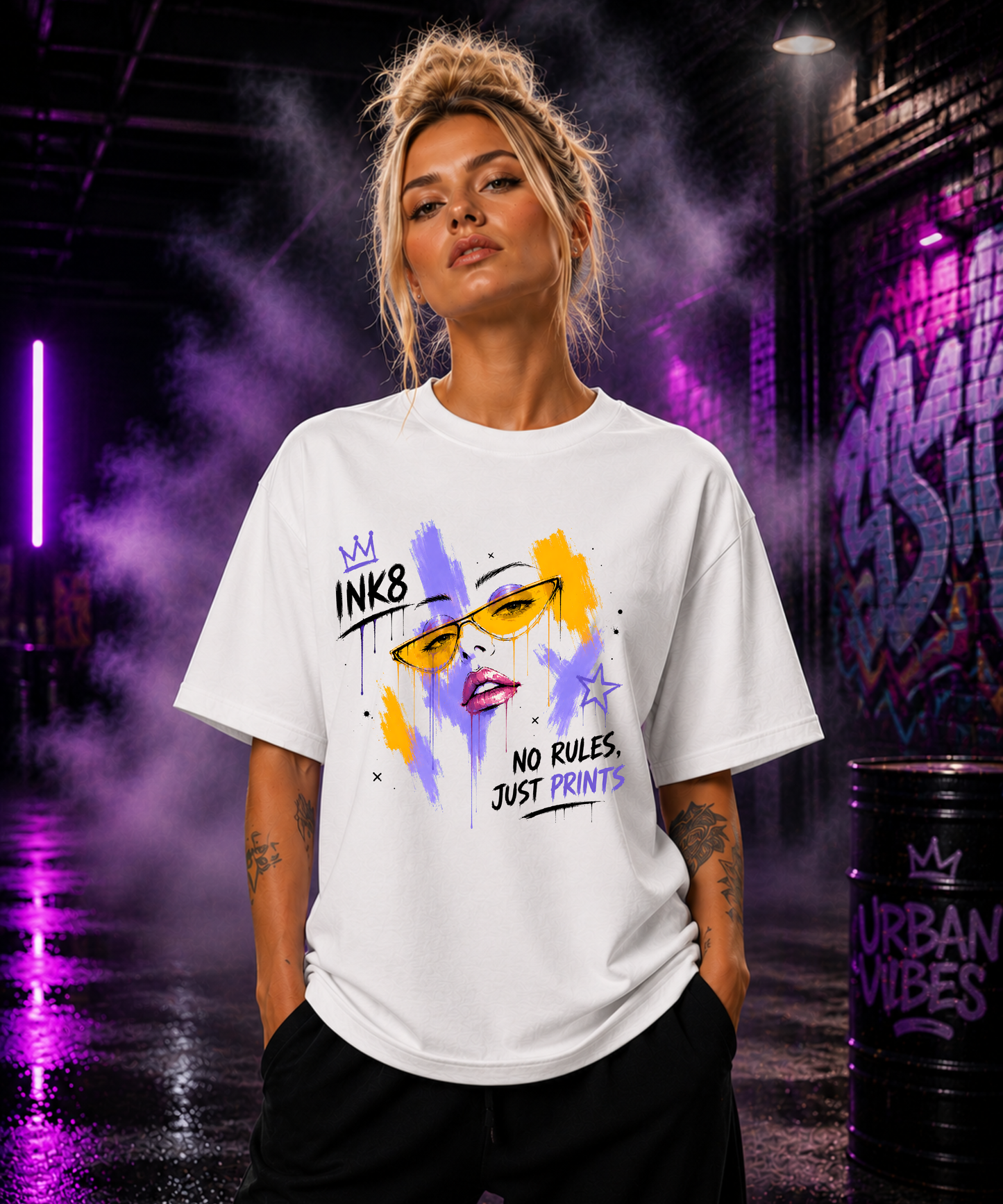 No Rules, Just Prints – Premium Oversized  Bio-T-Shirt mit breitem Kragen | INK8 Urban Streetwear