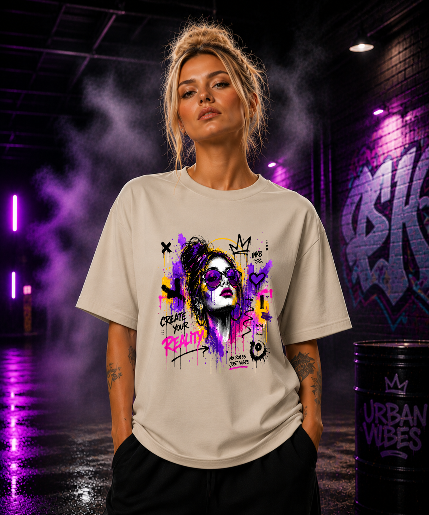 CREATE YOUR REALITY – Graffiti Premium Oversized Bio-T-Shirt mit breitem Kragen | INK8 Urban Streetwear