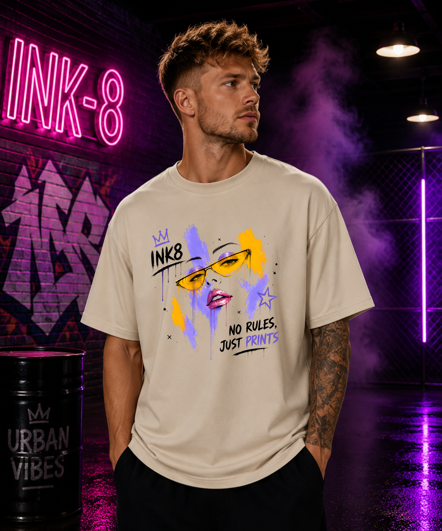 No Rules, Just Prints – Premium Oversized  Bio-T-Shirt mit breitem Kragen | INK8 Urban Streetwear