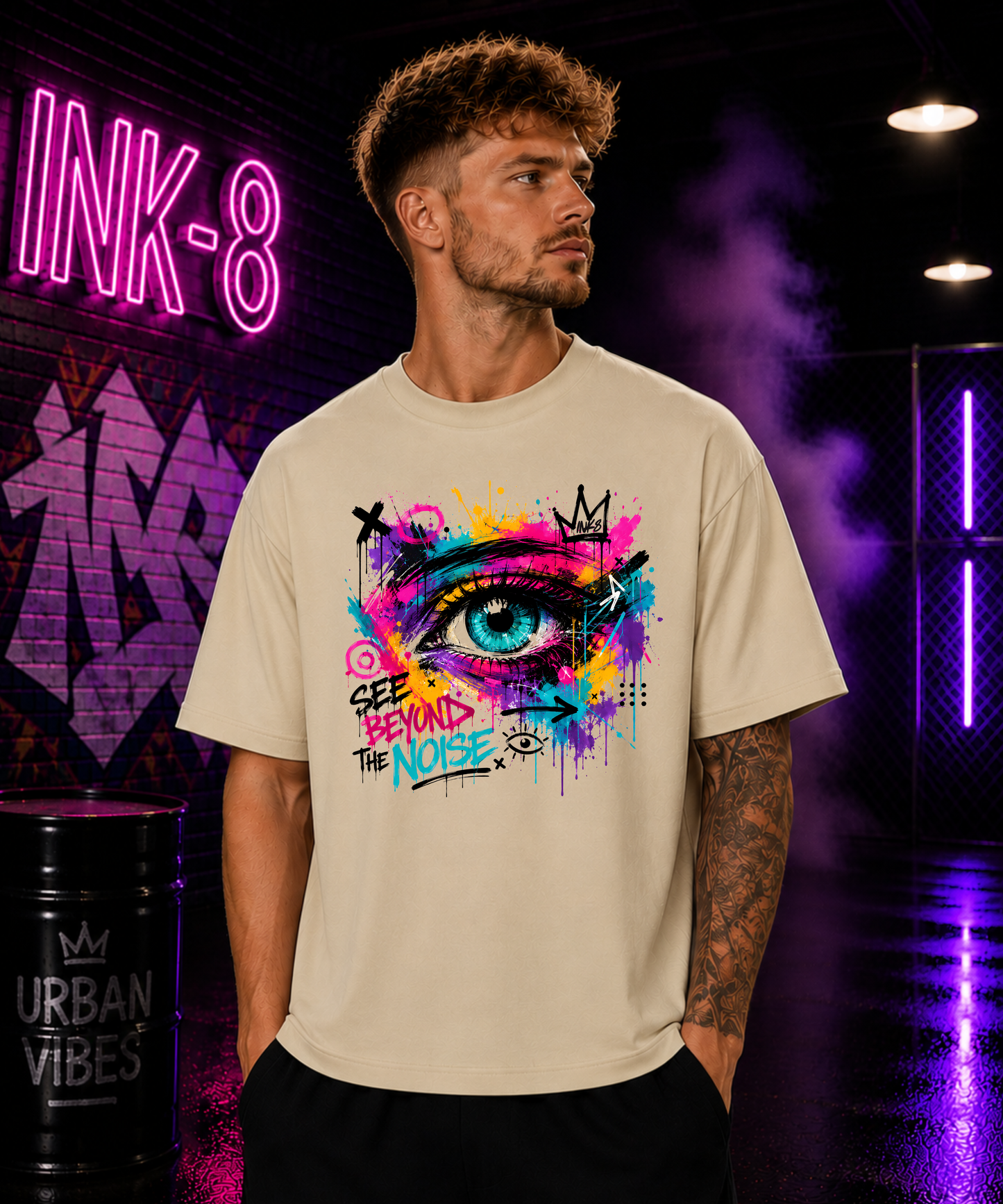 INK8 "See Beyond The Noise" Oversized Streetwear Unisex Bio-T-Shirt mit breitem Kragen | Urban Graffiti Design