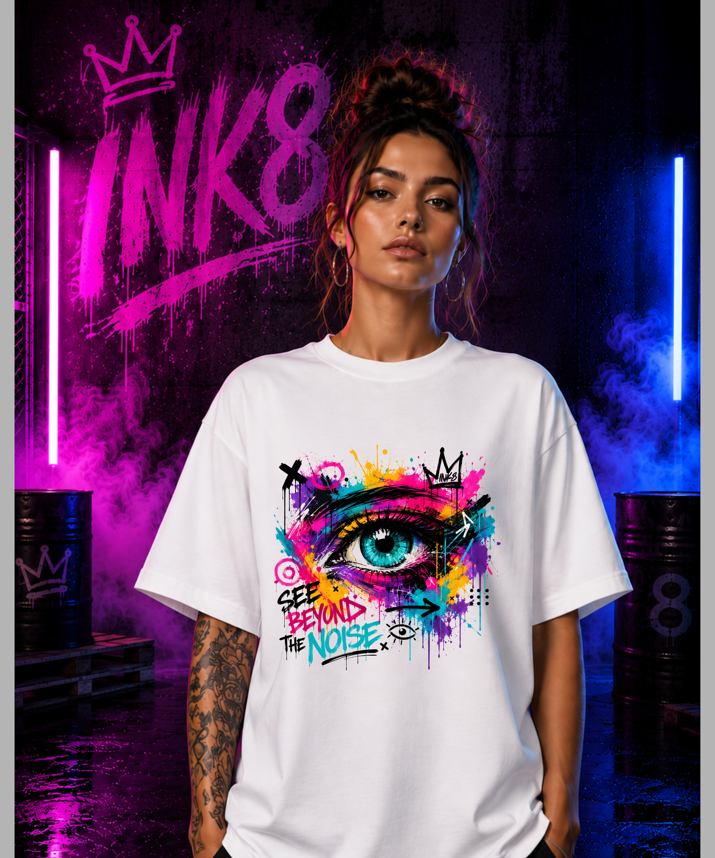 INK8 "See Beyond The Noise" Oversized Streetwear Unisex Bio-T-Shirt mit breitem Kragen | Urban Graffiti Design