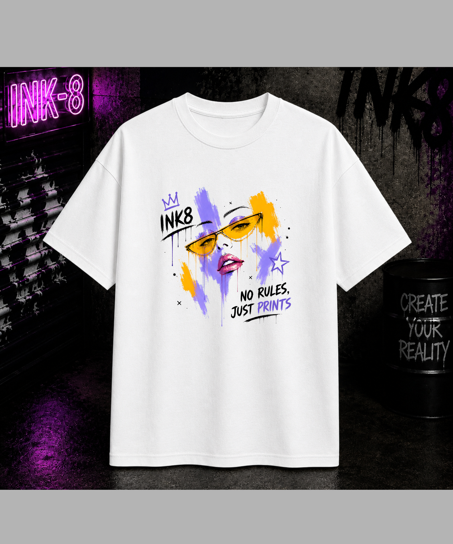 No Rules, Just Prints – Premium Oversized  Bio-T-Shirt mit breitem Kragen | INK8 Urban Streetwear