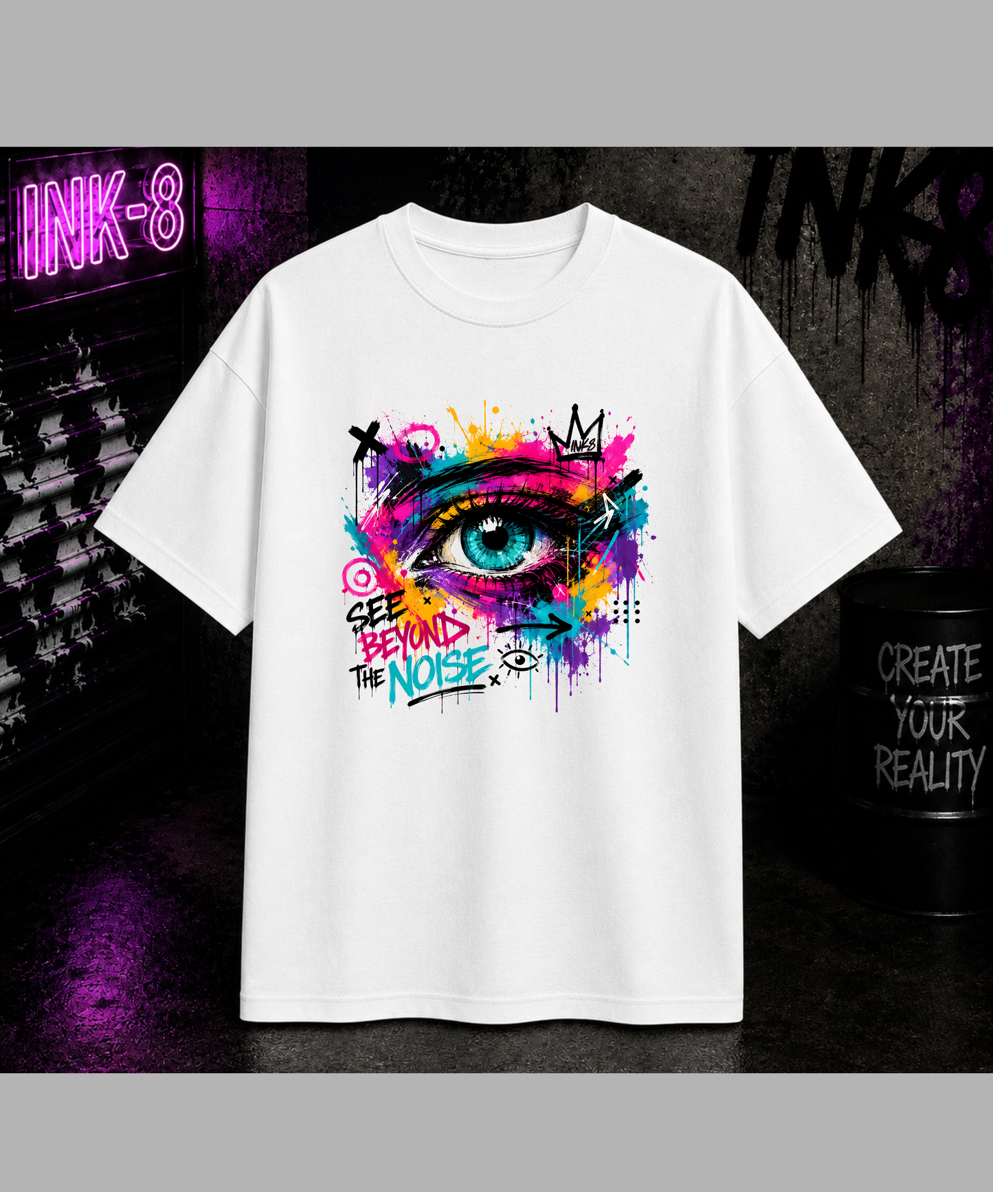 INK8 "See Beyond The Noise" Oversized Streetwear Unisex Bio-T-Shirt mit breitem Kragen | Urban Graffiti Design