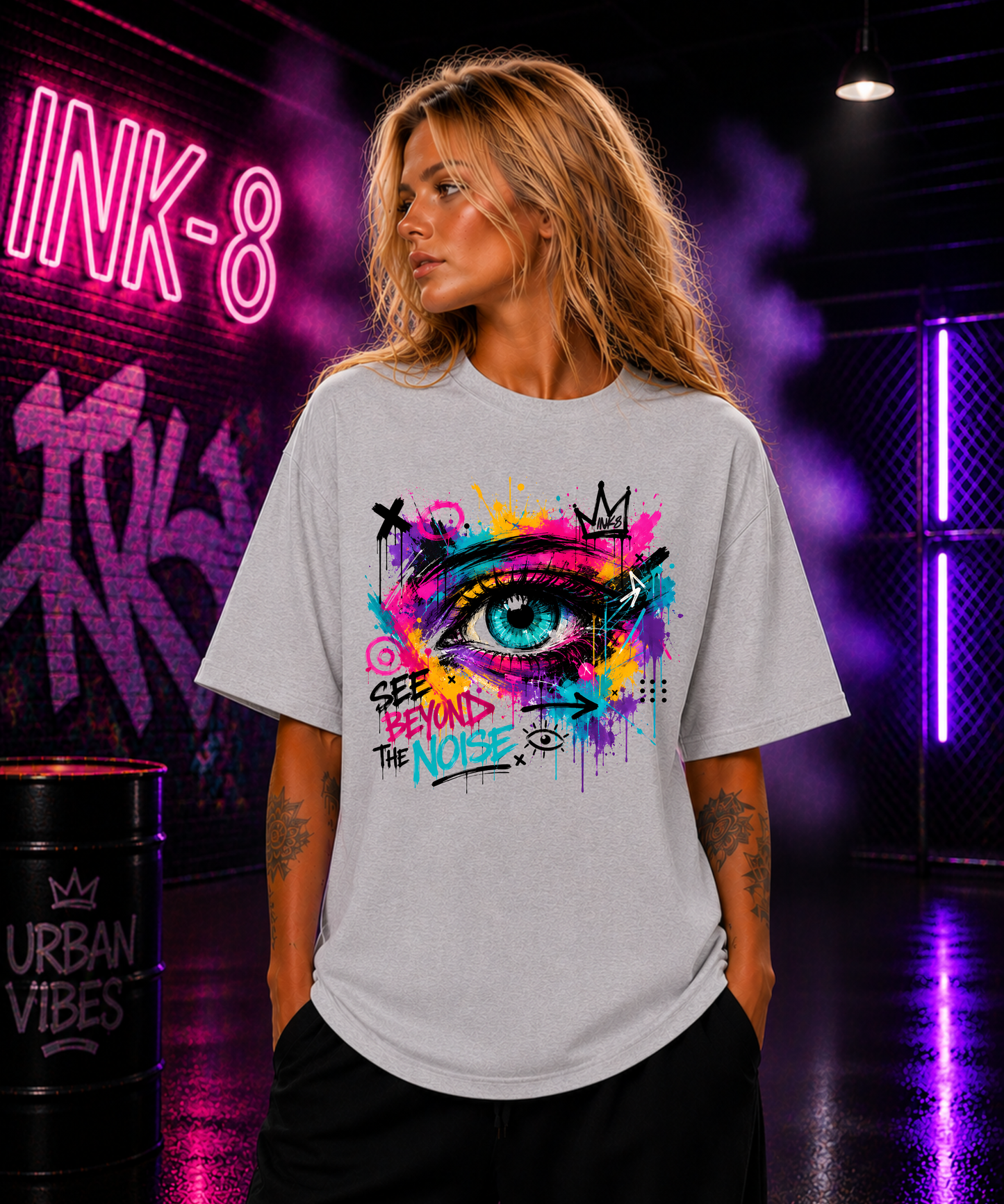 INK8 "See Beyond The Noise" Oversized Streetwear Unisex Bio-T-Shirt mit breitem Kragen | Urban Graffiti Design