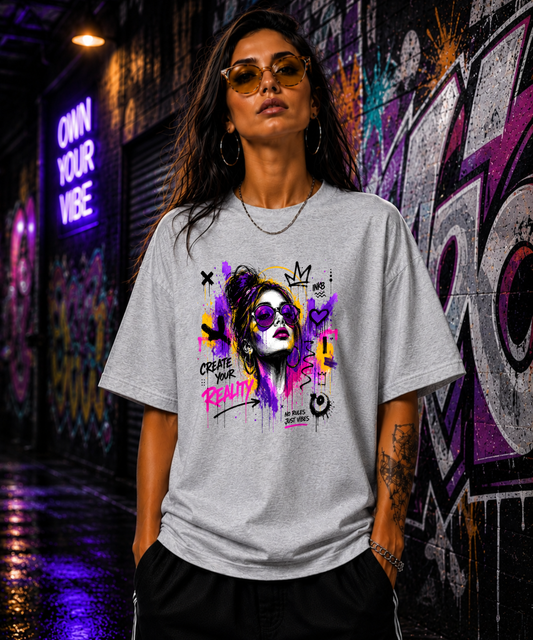 CREATE YOUR REALITY – Graffiti Premium Oversized Bio-T-Shirt mit breitem Kragen | INK8 Urban Streetwear